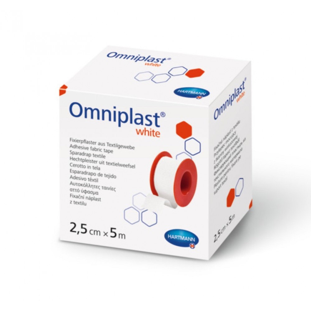 Omniplast® Αυτοκόλλητη Ταινία Στερέωσης Γενικής Χρήσης Υφασμάτινη σε Καρούλι. 5m x 2,5cm. Λευκή. 1Τεμάχιο. 9004453.