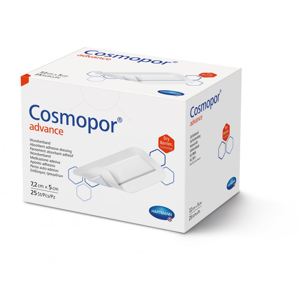 Cosmopor® Advance Αυτοκόλλητο Επίθεμα Τραυμάτων με Υπεραπορροφητικό Πυρήνα. 7,2x5cm. 25Τεμάχια. 9010101.