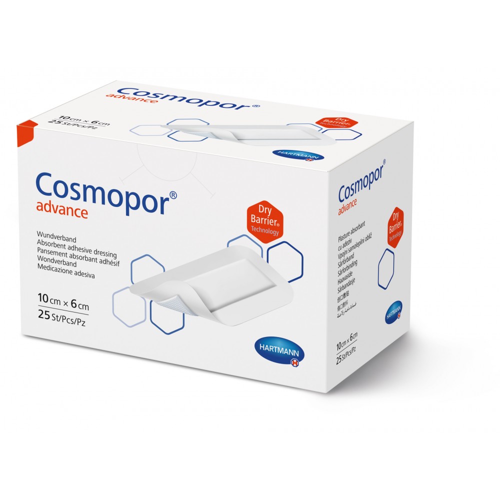 Cosmopor® Advance Αυτοκόλλητο Επίθεμα Τραυμάτων με Υπεραπορροφητικό Πυρήνα. 10x6cm. 25Τεμάχια. 9010110.