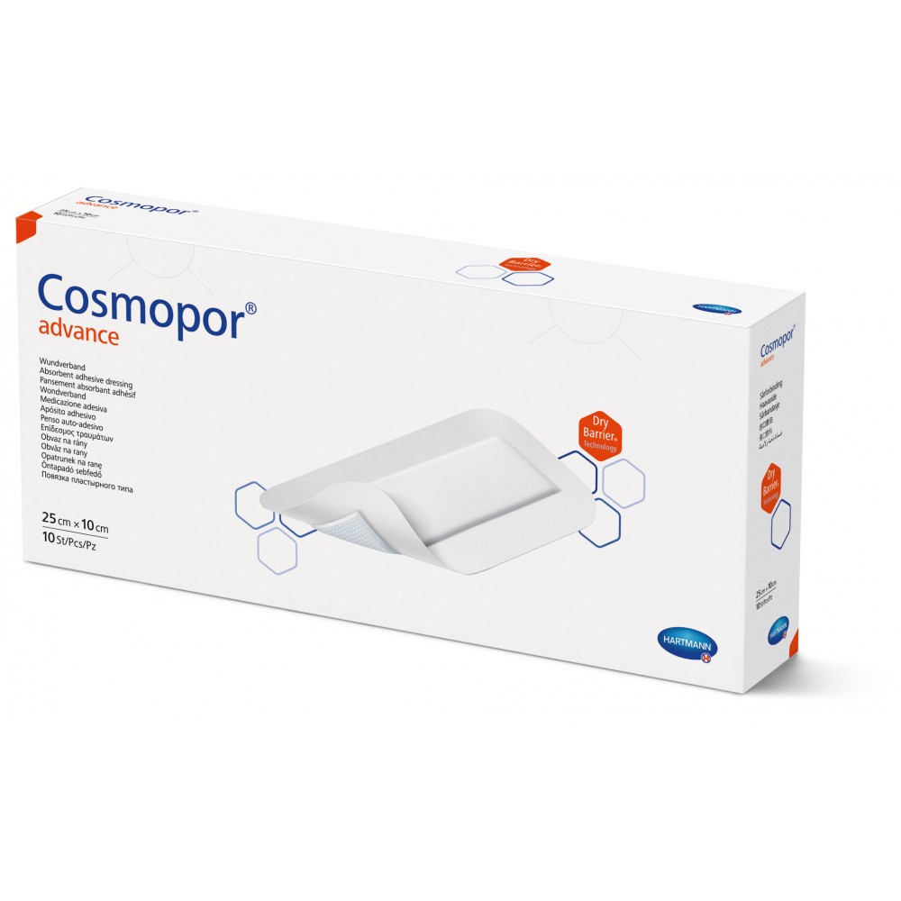 Cosmopor® Advance Αυτοκόλλητο Επίθεμα Τραυμάτων με Υπεραπορροφητικό Πυρήνα. 25x10cm. 10Τεμάχια. 9010160.