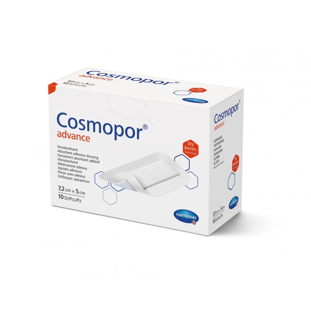 Cosmopor® Advance Αυτοκόλλητο Επίθεμα Τραυμάτων με Υπεραπορροφητικό Πυρήνα. 7,2x5cm. 10Τεμάχια. 9010180.