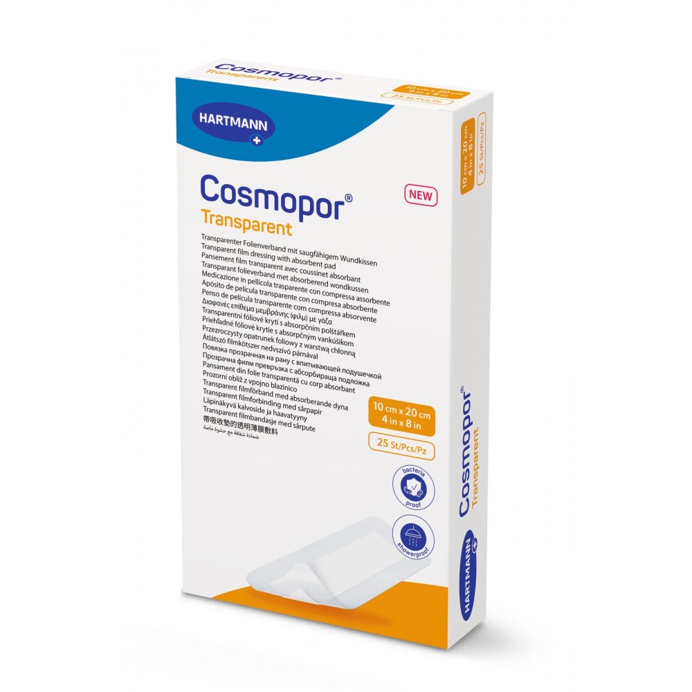 Cosmopor® Τransparent Διαφανές Επίθεμα-Μεμβράνη με Απορροφητική Στρώση Εκκρίσεων Τραύματος. 10x20cm. 25Τεμάχια. 9010580.  