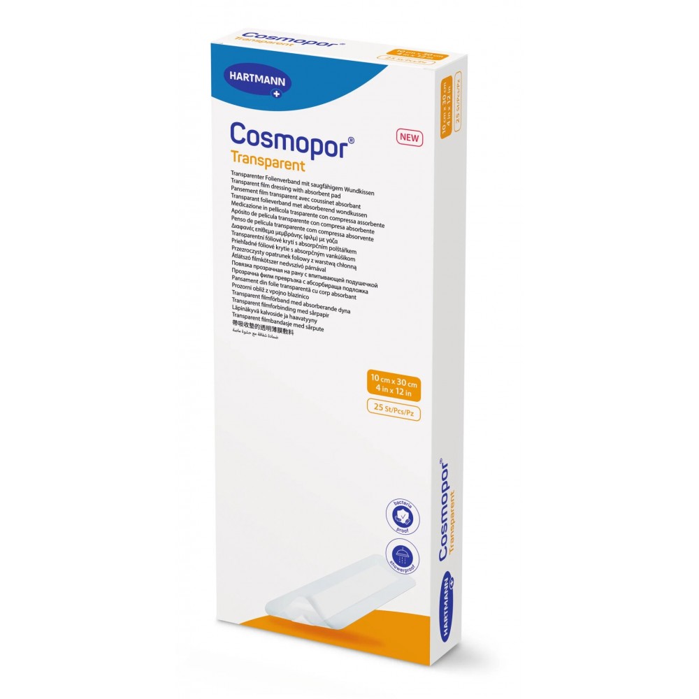 Cosmopor® Τransparent Διαφανές Επίθεμα-Μεμβράνη με Απορροφητική Στρώση Εκκρίσεων Τραύματος. 10x30cm. 25Τεμάχια. 9010600.  