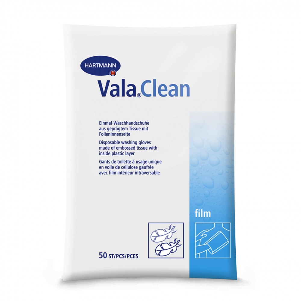 Ειδικά Γάντια Λουτρού Μίας Χρήσης Vala® Clean Film για Ασθενείς με Ακράτεια. 23,5x15,5 cm. 50 Τεμάχια. 9922430. 