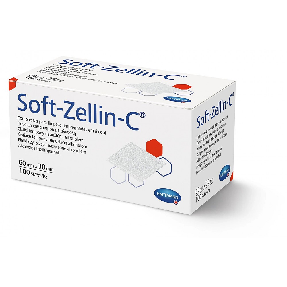 Soft-Zellin® Τολύπια Καθαρισμού Δέρματος με Αλκοόλη 70% για Ενέσεις-Αιμοληψία. 60x30mm. 100Τεμάχια. 2888870.  