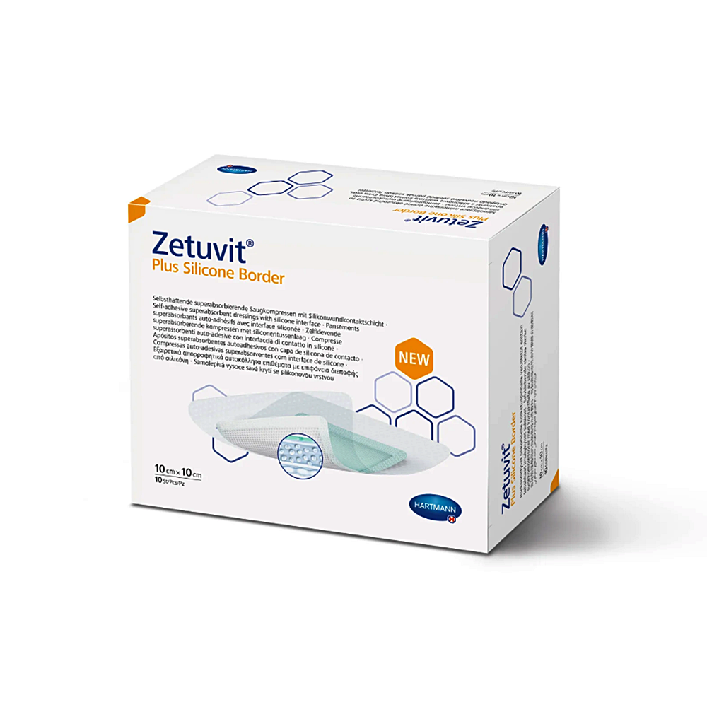 Zetuvit® Plus Silicone Border Αποστειρωμένο Επιθέμα Υπεραπορροφητικού Πυρήνα με Αυτοκόλλητο Σιλικόνης. 10x10cm. 10 Τεμάχια. 4139101. 