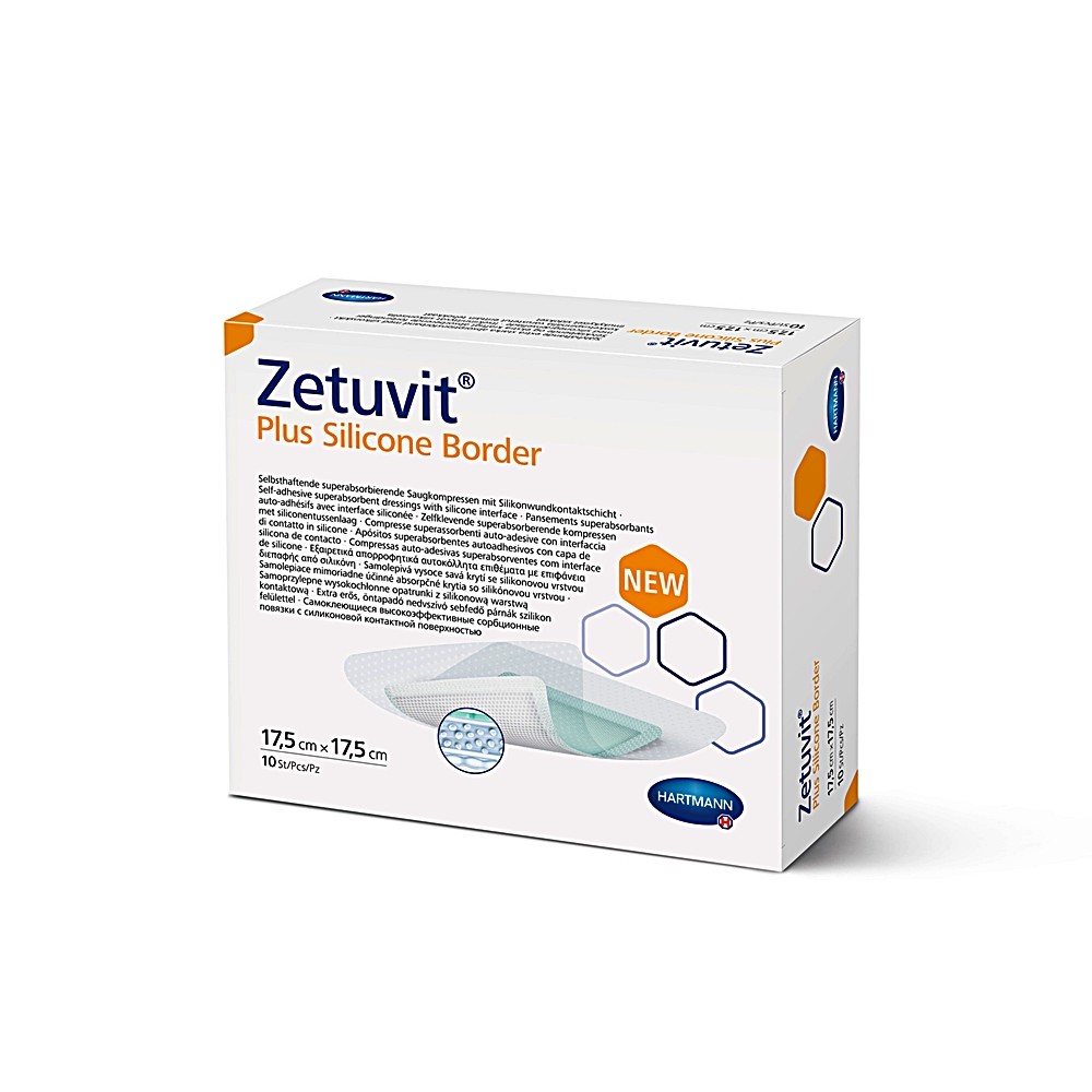 Zetuvit® Plus Silicone Border Αποστειρωμένο Επιθέμα Υπεραπορροφητικού Πυρήνα με Αυτοκόλλητο Σιλικόνης. 17,5x17,5cm. 10 Τεμάχια. 4139301. 